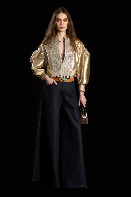 Rara Avis Gold Viscose Hand Weaving Gota Collar Treasure Woven Yoke Shirt Online at Aza Fashions Rara Avis_Gold Viscose Hand Weaving Gota Collar Treasure Woven Yoke Shirt _Online_at_Aza_Fashions