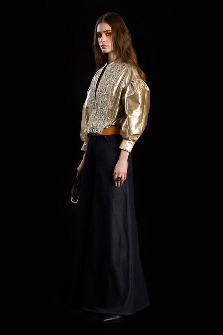 Buy Rara Avis Gold Viscose Hand Weaving Gota Collar Treasure Woven Yoke Shirt Online at Aza Fashions Buy_Rara Avis_Gold Viscose Hand Weaving Gota Collar Treasure Woven Yoke Shirt _Online_at_Aza_Fashions