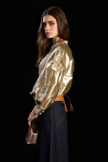 Shop Rara Avis Gold Viscose Hand Weaving Gota Collar Treasure Woven Yoke Shirt Online at Aza Fashions Shop_Rara Avis_Gold Viscose Hand Weaving Gota Collar Treasure Woven Yoke Shirt _Online_at_Aza_Fashions