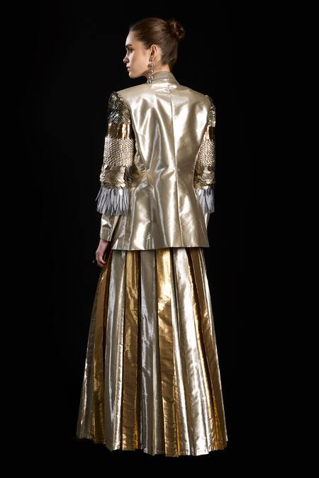 Shop_Rara Avis_Gold Viscose Pleat Detailed Long Skirt _at_Aza_Fashions