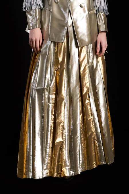 Rara Avis_Gold Viscose Pleat Detailed Long Skirt _Online_at_Aza_Fashions