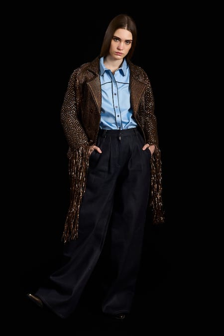 Rara Avis Brown Viscose Hand Weaving Tassel Collared Woven Braided Jacket 