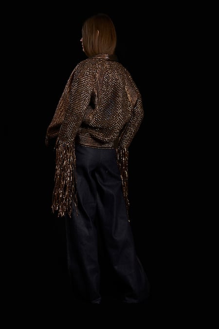 Shop Rara Avis Brown Viscose Hand Weaving Tassel Collared Woven Braided Jacket at Aza Fashions Shop_Rara Avis_Brown Viscose Hand Weaving Tassel Collared Woven Braided Jacket _at_Aza_Fashions