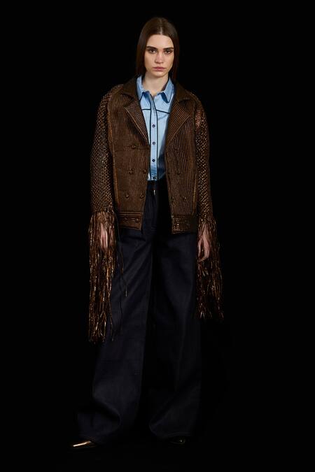 Rara Avis Brown Viscose Hand Weaving Tassel Collared Woven Braided Jacket Online at Aza Fashions Rara Avis_Brown Viscose Hand Weaving Tassel Collared Woven Braided Jacket _Online_at_Aza_Fashions