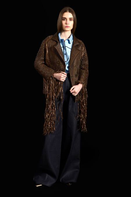 Buy Rara Avis Brown Viscose Hand Weaving Tassel Collared Woven Braided Jacket Online at Aza Fashions Buy_Rara Avis_Brown Viscose Hand Weaving Tassel Collared Woven Braided Jacket _Online_at_Aza_Fashions