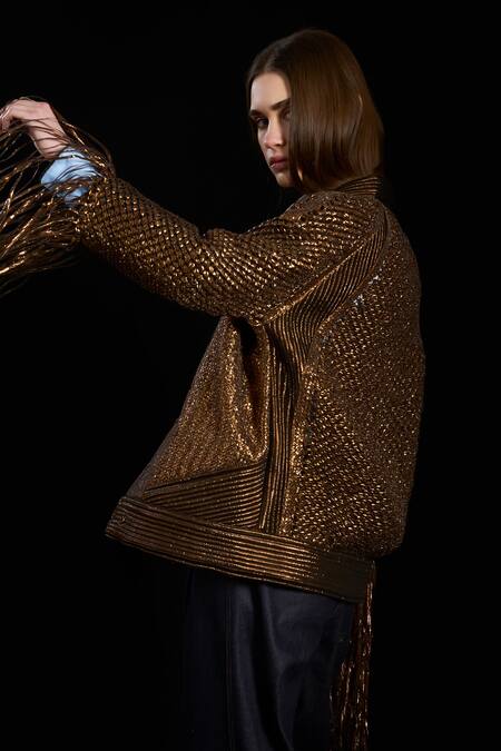 Rara Avis Brown Viscose Hand Weaving Tassel Collared Woven Braided Jacket at Aza Fashions Rara Avis_Brown Viscose Hand Weaving Tassel Collared Woven Braided Jacket _at_Aza_Fashions