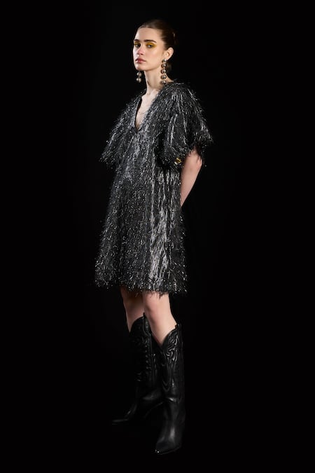 Rara Avis Black Polyester Tassel Plunge V Hair Raising Shift Dress Online at Aza Fashions Rara Avis_Black Polyester Tassel Plunge V Hair Raising Shift Dress _Online_at_Aza_Fashions