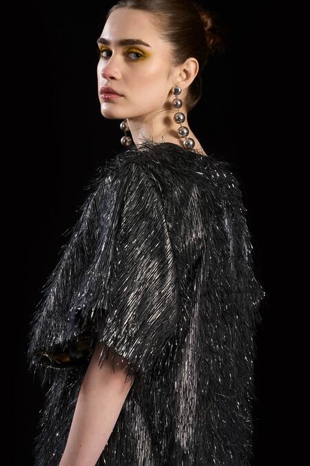 Shop Rara Avis Black Polyester Tassel Plunge V Hair Raising Shift Dress Online at Aza Fashions Shop_Rara Avis_Black Polyester Tassel Plunge V Hair Raising Shift Dress _Online_at_Aza_Fashions