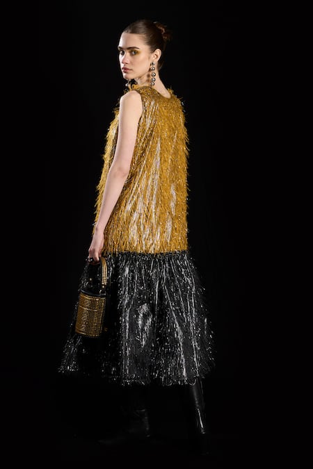 Shop Rara Avis Black Polyester Tassel Round Hair Raising Gathered Dress at Aza Fashions Shop_Rara Avis_Black Polyester Tassel Round Hair Raising Gathered Dress _at_Aza_Fashions