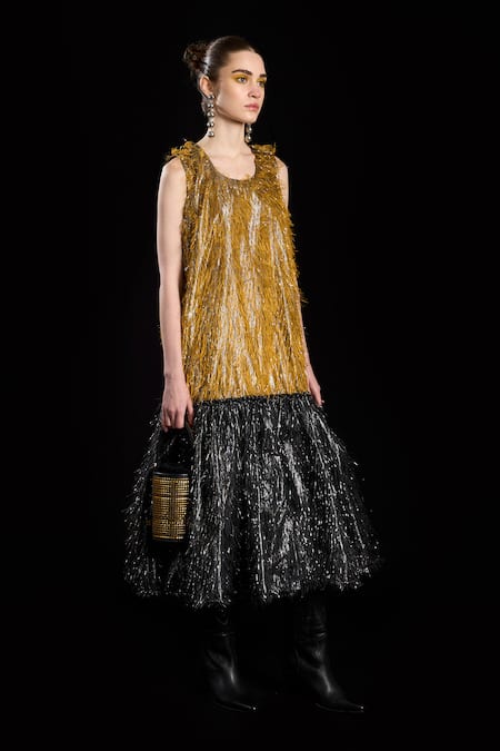 Rara Avis Black Polyester Tassel Round Hair Raising Gathered Dress Online at Aza Fashions Rara Avis_Black Polyester Tassel Round Hair Raising Gathered Dress _Online_at_Aza_Fashions