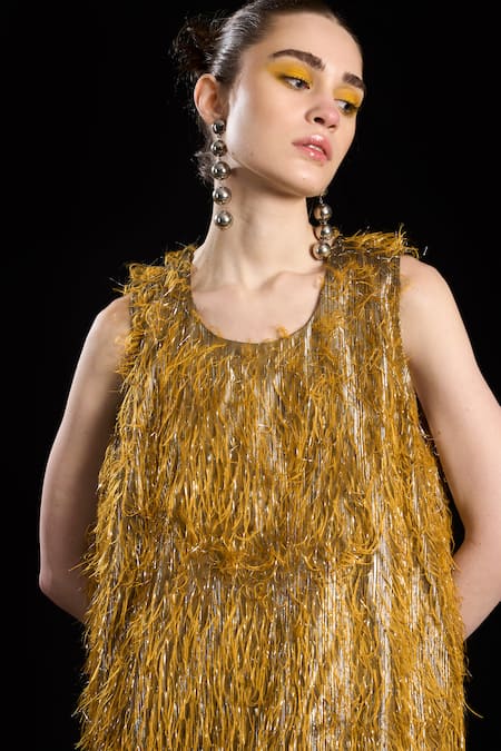 Buy Rara Avis Black Polyester Tassel Round Hair Raising Gathered Dress Online at Aza Fashions Buy_Rara Avis_Black Polyester Tassel Round Hair Raising Gathered Dress _Online_at_Aza_Fashions