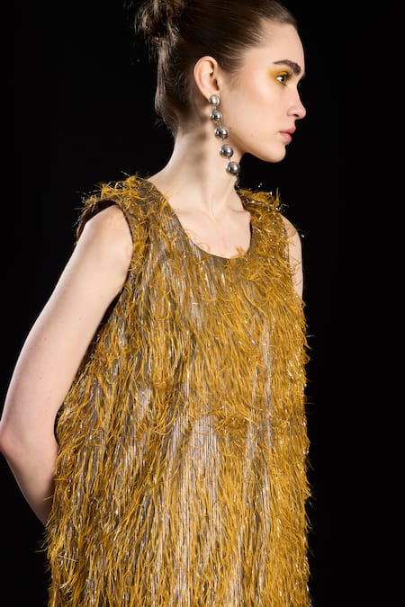 Shop Rara Avis Black Polyester Tassel Round Hair Raising Gathered Dress Online at Aza Fashions Shop_Rara Avis_Black Polyester Tassel Round Hair Raising Gathered Dress _Online_at_Aza_Fashions