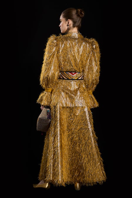 Shop Rara Avis Gold Polyester Tassel Notched Lapel Hair Raising Woven Blazer at Aza Fashions Shop_Rara Avis_Gold Polyester Tassel Notched Lapel Hair Raising Woven Blazer _at_Aza_Fashions