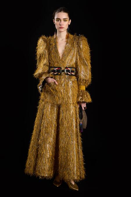 Rara Avis Gold Polyester Tassel Notched Lapel Hair Raising Woven Blazer Online at Aza Fashions Rara Avis_Gold Polyester Tassel Notched Lapel Hair Raising Woven Blazer _Online_at_Aza_Fashions