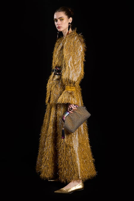 Buy Rara Avis Gold Polyester Tassel Notched Lapel Hair Raising Woven Blazer Online at Aza Fashions Buy_Rara Avis_Gold Polyester Tassel Notched Lapel Hair Raising Woven Blazer _Online_at_Aza_Fashions