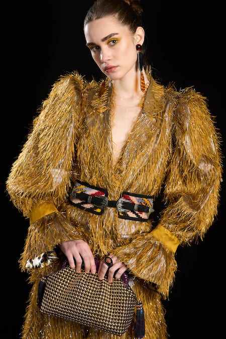 Shop Rara Avis Gold Polyester Tassel Notched Lapel Hair Raising Woven Blazer Online at Aza Fashions Shop_Rara Avis_Gold Polyester Tassel Notched Lapel Hair Raising Woven Blazer _Online_at_Aza_Fashions