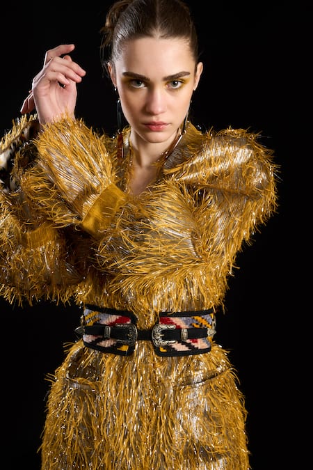 Rara Avis Gold Polyester Tassel Notched Lapel Hair Raising Woven Blazer at Aza Fashions Rara Avis_Gold Polyester Tassel Notched Lapel Hair Raising Woven Blazer _at_Aza_Fashions