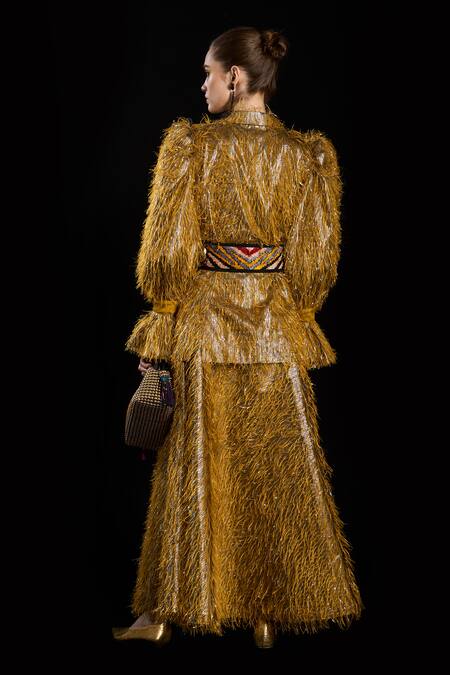 Shop_Rara Avis_Gold Polyester Tassel Hair Raising Long Skirt _at_Aza_Fashions
