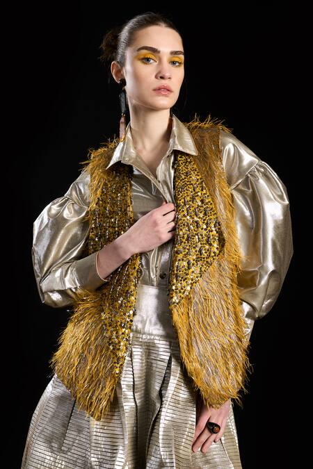 Buy Rara Avis Gold Polyester Tassel Open Hair Raising Hand Embroidered Gilet Online at Aza Fashions Buy_Rara Avis_Gold Polyester Tassel Open Hair Raising Hand Embroidered Gilet _Online_at_Aza_Fashions