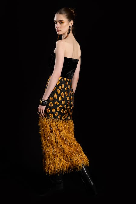 Shop Rara Avis Black Polyester Sweetheart Bralette Slit Dress at Aza Fashions Shop_Rara Avis_Black Polyester Sweetheart Bralette Slit Dress _at_Aza_Fashions