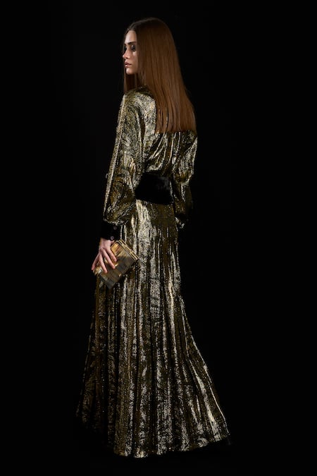 Shop Rara Avis Gold Viscose Stones V-neck Palm Woven Pleated Top at Aza Fashions Shop_Rara Avis_Gold Viscose Stones V-neck Palm Woven Pleated Top _at_Aza_Fashions