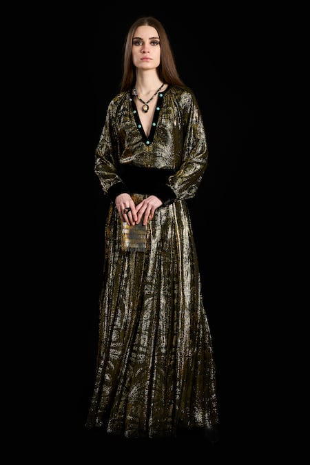 Rara Avis Gold Viscose Stones V-neck Palm Woven Pleated Top Online at Aza Fashions Rara Avis_Gold Viscose Stones V-neck Palm Woven Pleated Top _Online_at_Aza_Fashions