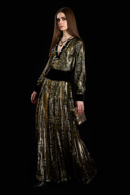 Buy Rara Avis Gold Viscose Stones V-neck Palm Woven Pleated Top Online at Aza Fashions Buy_Rara Avis_Gold Viscose Stones V-neck Palm Woven Pleated Top _Online_at_Aza_Fashions