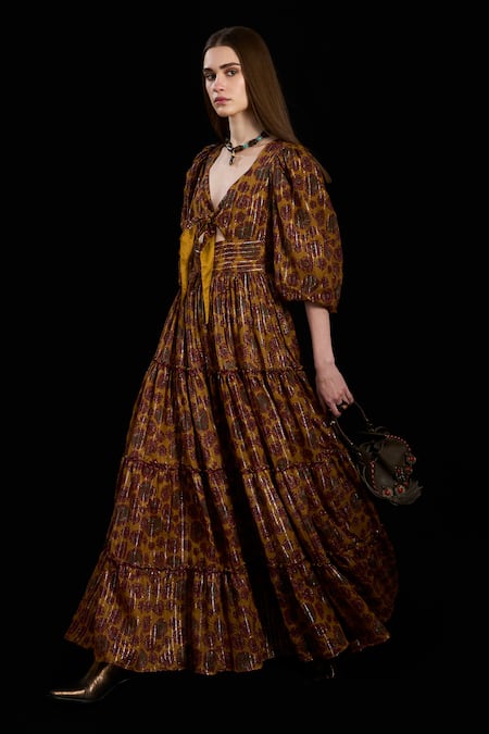 Buy_Rara Avis_Yellow Viscose Lurex Print Bloom Tie-up Oriental Tie Up Dress _Online_at_Aza_Fashions