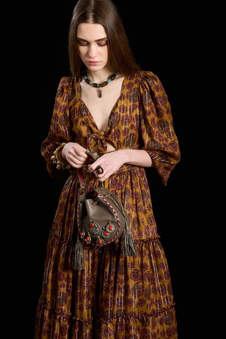 Shop_Rara Avis_Yellow Viscose Lurex Print Bloom Tie-up Oriental Tie Up Dress _Online_at_Aza_Fashions