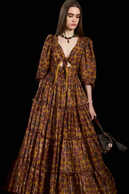 Rara Avis_Yellow Viscose Lurex Print Bloom Tie-up Oriental Tie Up Dress _at_Aza_Fashions