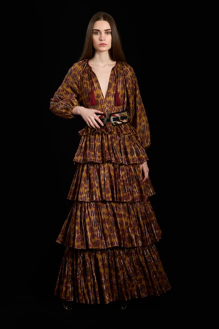 Rara Avis Yellow Viscose Lurex Print Bloom Plunge V-neck Oriental Tiered Dress 