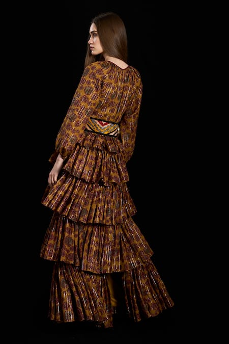 Shop Rara Avis Yellow Viscose Lurex Print Bloom Plunge V-neck Oriental Tiered Dress at Aza Fashions Shop_Rara Avis_Yellow Viscose Lurex Print Bloom Plunge V-neck Oriental Tiered Dress _at_Aza_Fashions