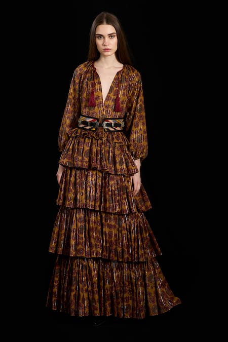 Rara Avis Yellow Viscose Lurex Print Bloom Plunge V-neck Oriental Tiered Dress Online at Aza Fashions Rara Avis_Yellow Viscose Lurex Print Bloom Plunge V-neck Oriental Tiered Dress _Online_at_Aza_Fashions