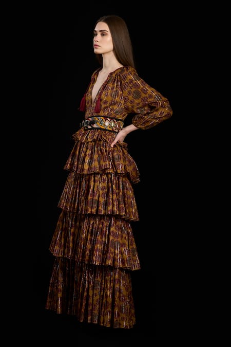 Buy Rara Avis Yellow Viscose Lurex Print Bloom Plunge V-neck Oriental Tiered Dress Online at Aza Fashions Buy_Rara Avis_Yellow Viscose Lurex Print Bloom Plunge V-neck Oriental Tiered Dress _Online_at_Aza_Fashions