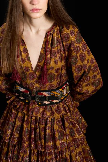 Shop Rara Avis Yellow Viscose Lurex Print Bloom Plunge V-neck Oriental Tiered Dress Online at Aza Fashions Shop_Rara Avis_Yellow Viscose Lurex Print Bloom Plunge V-neck Oriental Tiered Dress _Online_at_Aza_Fashions