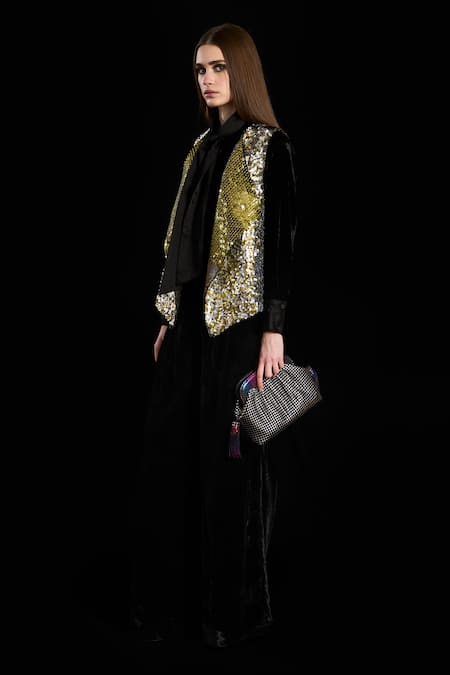 Rara Avis_Silver Polyester Embroidery Dabka Lapel Aari Persia Gilet Jacket _Online_at_Aza_Fashions