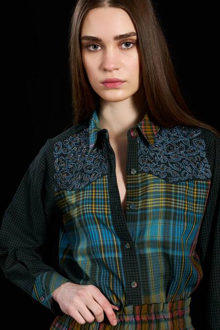 Buy_Rara Avis_Multi Color Cotton Print Checks Collar Indus Leopard Embroidered Yoke Shirt _Online_at_Aza_Fashions