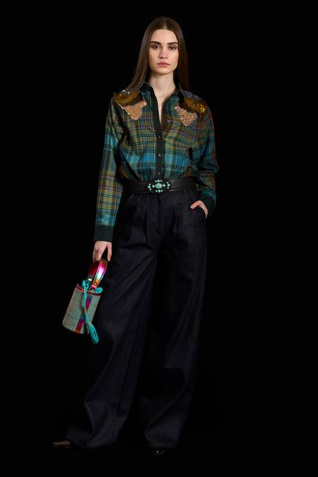 Rara Avis_Multi Color Cotton Print Checks Collar Indus Checkered Yoke Shirt _Online_at_Aza_Fashions