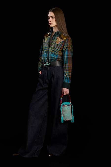 Buy_Rara Avis_Multi Color Cotton Print Checks Collar Indus Checkered Yoke Shirt _Online_at_Aza_Fashions