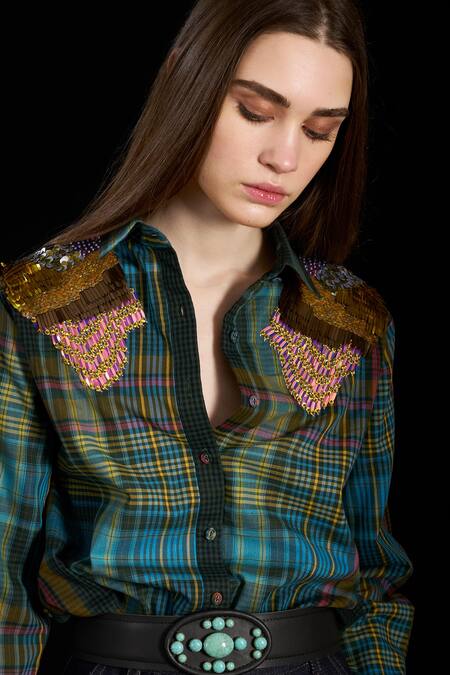 Shop_Rara Avis_Multi Color Cotton Print Checks Collar Indus Checkered Yoke Shirt _Online_at_Aza_Fashions