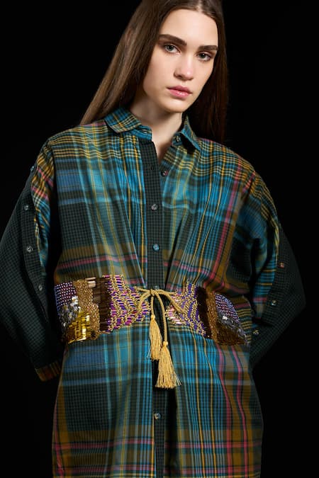 Buy_Rara Avis_Multi Color Cotton Tassels Collared Indus Embroidered Checks Tie Up Dress _Online_at_Aza_Fashions