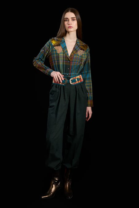 Rara Avis_Multi Color Cotton Embroidery, Cut Work Collared Indus Checks Jumpsuit _Online_at_Aza_Fashions