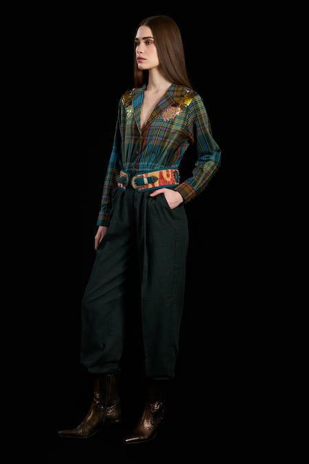 Buy_Rara Avis_Multi Color Cotton Embroidery, Cut Work Collared Indus Checks Jumpsuit _Online_at_Aza_Fashions