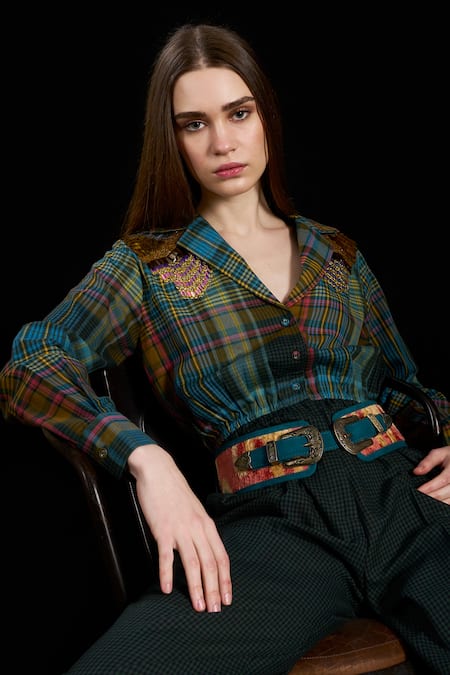 Shop_Rara Avis_Multi Color Cotton Embroidery, Cut Work Collared Indus Checks Jumpsuit _Online_at_Aza_Fashions