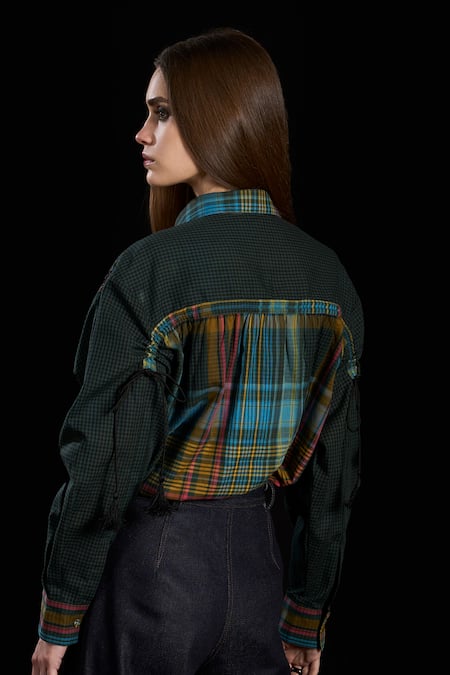 Shop Rara Avis Multi Color Cotton Print Checks Collar Indus Drawback Yoke Shirt at Aza Fashions Shop_Rara Avis_Multi Color Cotton Print Checks Collar Indus Drawback Yoke Shirt _at_Aza_Fashions