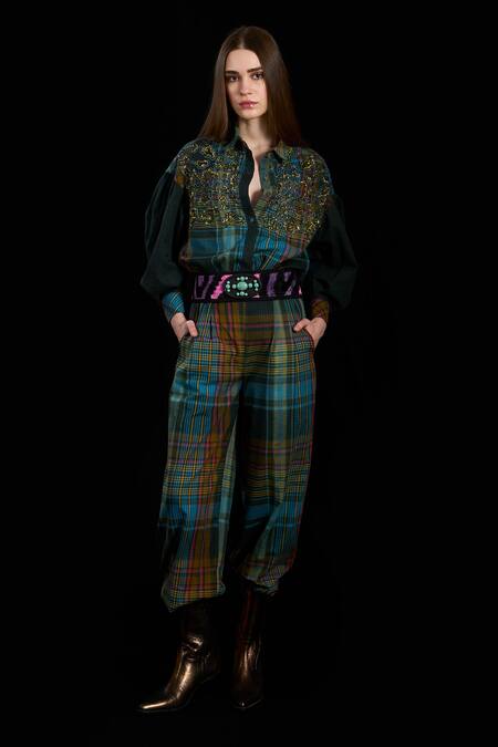 Rara Avis Multi Color Cotton Print Checks Indus Leopard Embroidered Drawback Yoke Shirt Online at Aza Fashions Rara Avis_Multi Color Cotton Print Checks Indus Leopard Embroidered Drawback Yoke Shirt _Online_at_Aza_Fashions