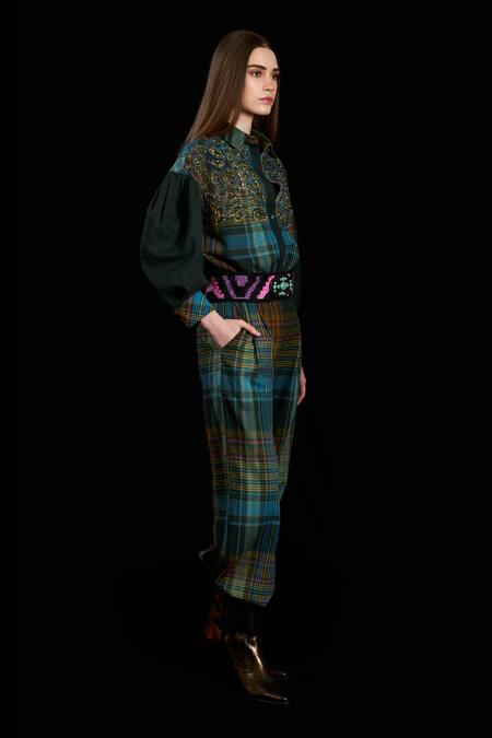 Buy Rara Avis Multi Color Cotton Print Checks Indus Leopard Embroidered Drawback Yoke Shirt Online at Aza Fashions Buy_Rara Avis_Multi Color Cotton Print Checks Indus Leopard Embroidered Drawback Yoke Shirt _Online_at_Aza_Fashions