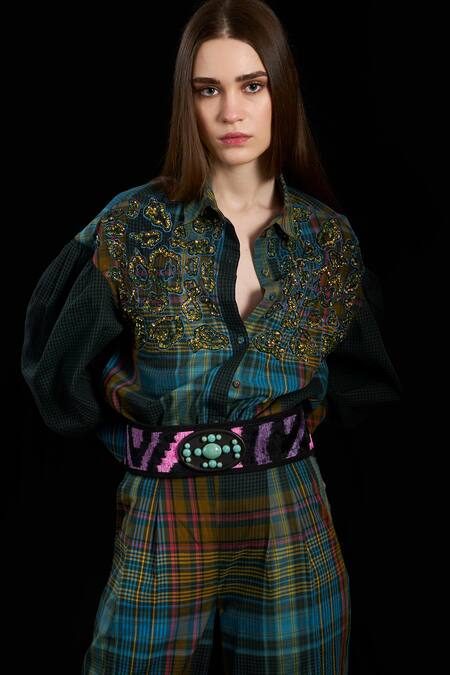 Rara Avis Multi Color Cotton Print Checks Indus Leopard Embroidered Drawback Yoke Shirt at Aza Fashions Rara Avis_Multi Color Cotton Print Checks Indus Leopard Embroidered Drawback Yoke Shirt _at_Aza_Fashions