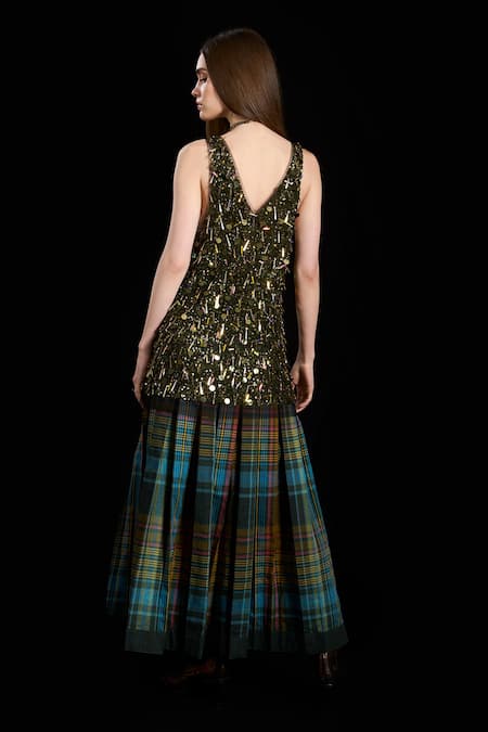 Shop Rara Avis Multi Color Cotton Print Checks Indus Pleated Skirt at Aza Fashions Shop_Rara Avis_Multi Color Cotton Print Checks Indus Pleated Skirt _at_Aza_Fashions