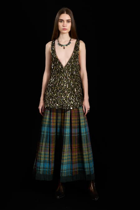 Rara Avis Multi Color Cotton Print Checks Indus Pleated Skirt Online at Aza Fashions Rara Avis_Multi Color Cotton Print Checks Indus Pleated Skirt _Online_at_Aza_Fashions